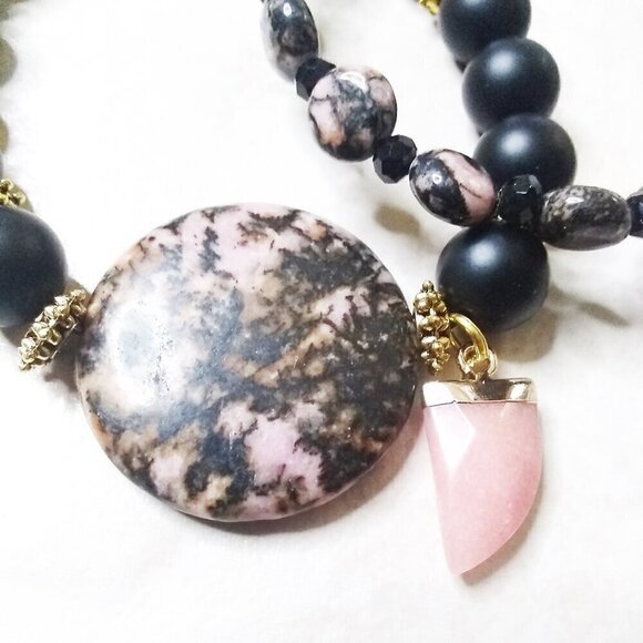 2x Rhodonite Stack Bracelet Set! Statement Bracelet Set 7.5" ~ Pink & Black! - Picture 6 of 9